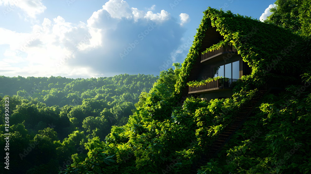 A Frame House Covered With Ivy and Greenery on a Hillside Surrounded by Trees With a Bright Blue Cloudy Sky A Frame House Covered With Ivy and Greenery on a Hillside Surrounded by Trees With a Bright Blue Cloudy Sky