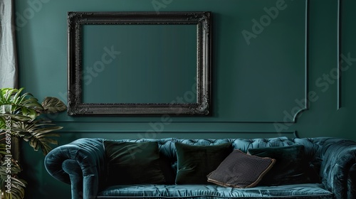 Fototapeta Naklejka Na Ścianę i Meble -  A textured black frame on a dark forest-green wall in a moody lounge.   HD 8K mockup wallpaper Photographic Image