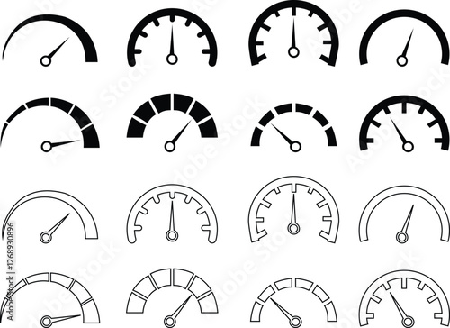 Speedometer, tachometer icon set. Speed indicator sign. Internet car speed. Performance concepts. Speedometer . Fast speed sign. Flat simple icons, gauges from low to high. Minimum to Maximum.