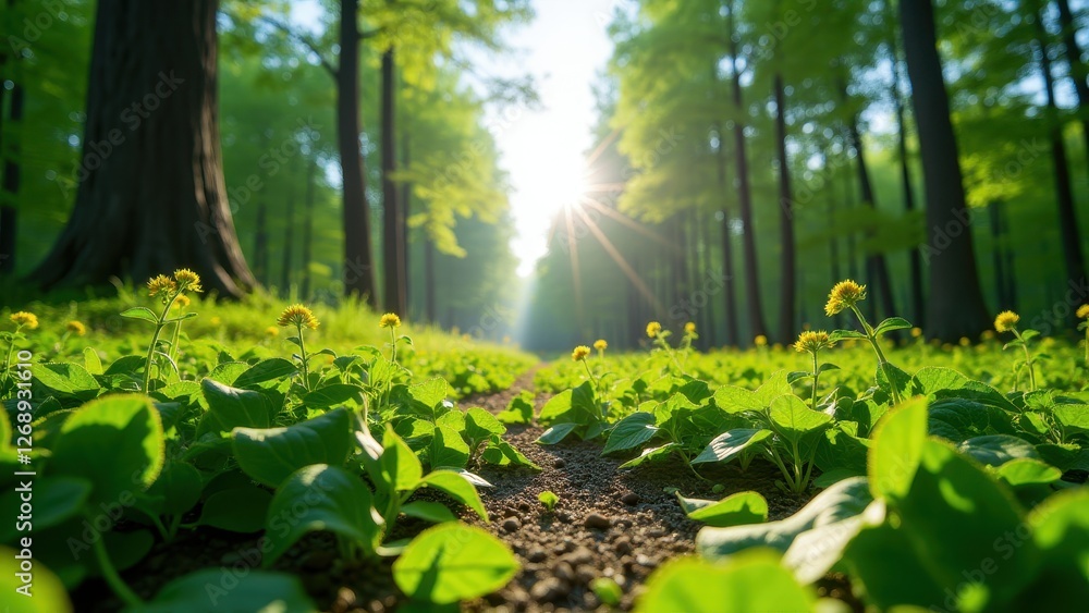 Pollen allergy symptoms, Lush forest towering trees pollen on leaves photorealistic spread. Pollen allergy symptoms, Lush forest towering trees pollen on leaves photorealistic spread.