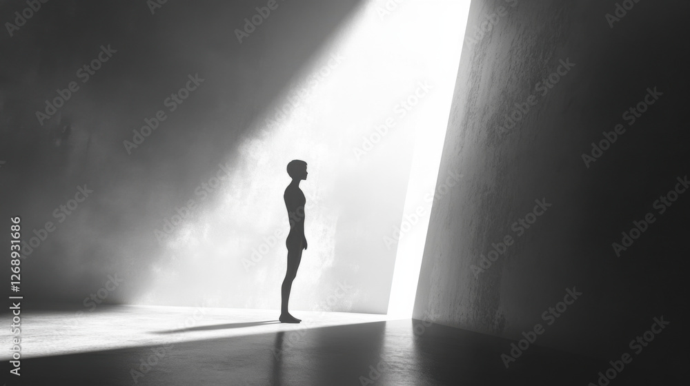 A solitary figure stands in a minimalistic, high-contrast space illuminated by a narrow beam of light, symbolizing hope, introspection, and new beginnings in a dark environment. A solitary figure stands in a minimalistic, high-contrast space illuminated by a narrow beam of light, symbolizing hope, introspection, and new beginnings in a dark environment.