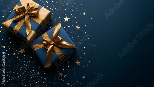 Elegant Navy Blue and Gold Gift Boxes with Glitter Stars Festive Holiday Presents