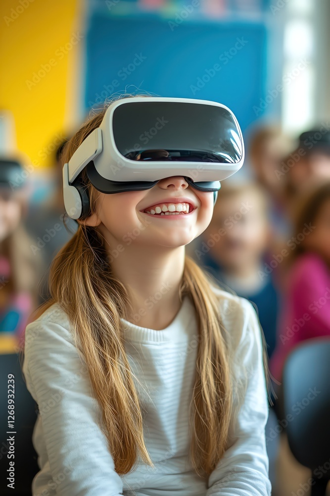Smiling girl wearing a VR headset, sitting in a bright classroom Smiling girl wearing a VR headset, sitting in a bright classroom