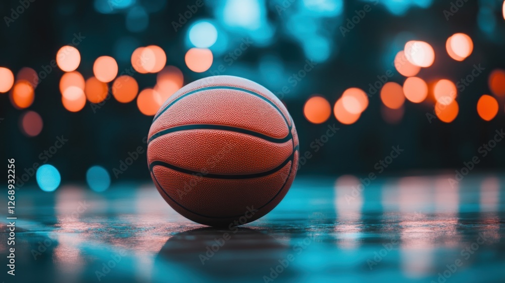 A close-up of a basketball on a court, illuminated by soft, colorful lights in the background. A close-up of a basketball on a court, illuminated by soft, colorful lights in the background.