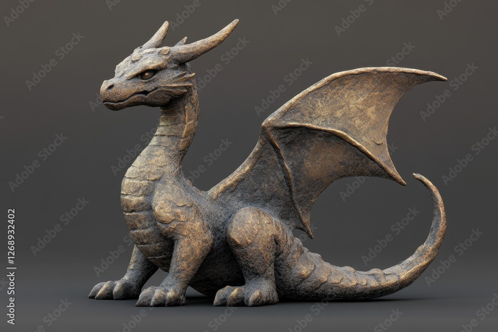 Bronze statue of a dragon with wings sits patiently Bronze statue of a dragon with wings sits patiently