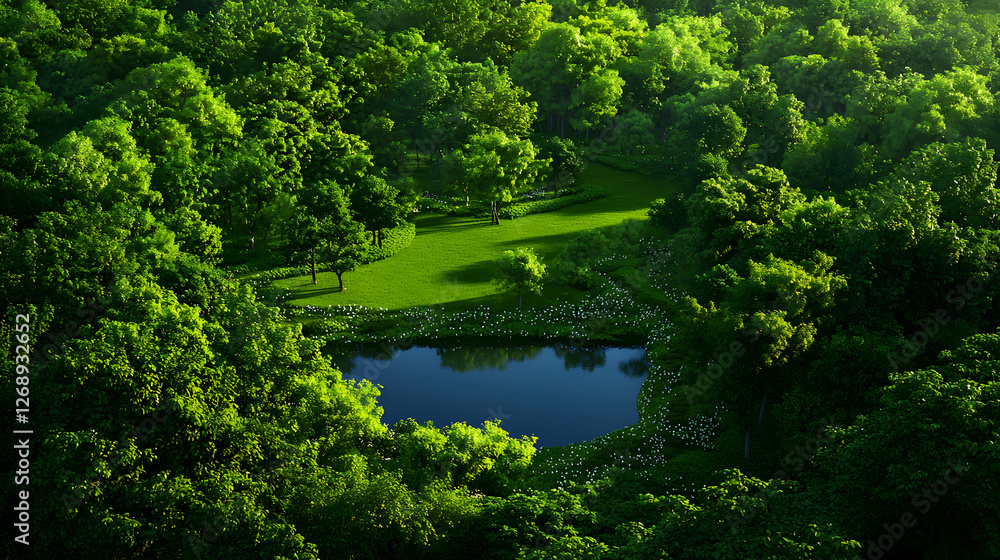 Fototapeta premium Aerial View of a Forest Surrounding a Clear Lake With Sunlight in Summer