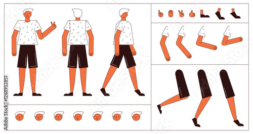 Flat style character constructor for animation. Front, Side, Back view. Separable body parts and different emotions. Simple colorful minimalistic design for advertisement, business, corporate identity