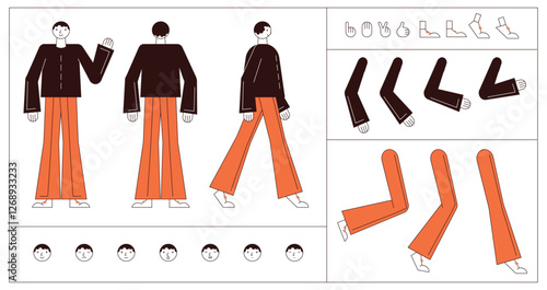 Flat style character constructor for animation. Front, Side, Back view. Separable body parts and different emotions. Simple colorful minimalistic design for advertisement, business, corporate identity