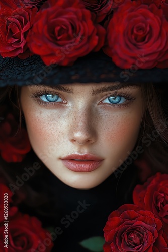 Wallpaper Mural Woman with blue eyes, surrounded by red roses, gothic style Torontodigital.ca