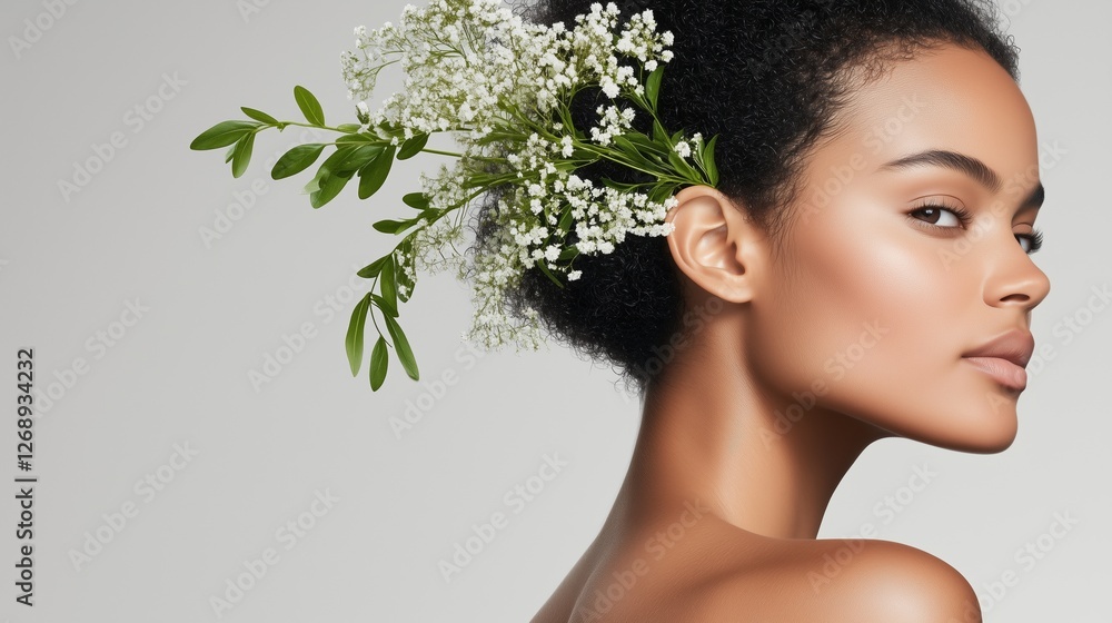 Natural Beauty Portrait: A captivating portrait of a woman with dark skin, adorned with delicate white flowers, captures a sense of natural beauty, femininity, and serenity. Natural Beauty Portrait: A captivating portrait of a woman with dark skin, adorned with delicate white flowers, captures a sense of natural beauty, femininity, and serenity.