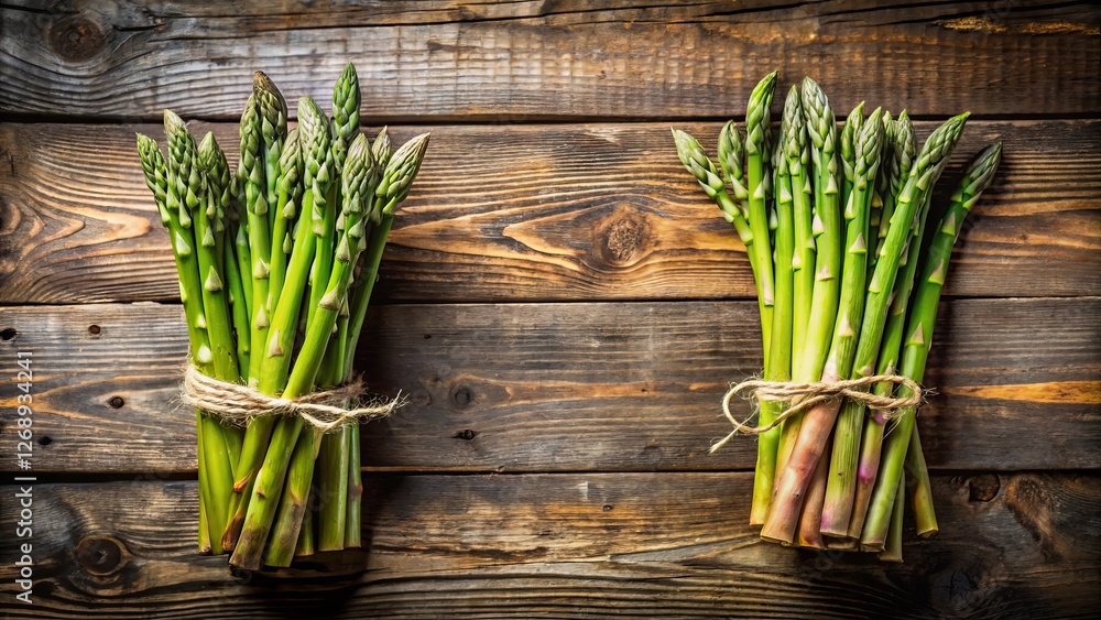 Fresh Green Asparagus Bundles on Rustic Wooden Table Background Fresh Green Asparagus Bundles on Rustic Wooden Table Background