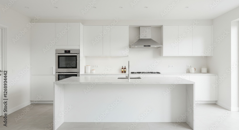 A bright and minimalist modern kitchen with all white cabinetry clean lines and a spacious island. Natural light streams through large windows, enhancing the sleek, contemporary design. A bright and minimalist modern kitchen with all white cabinetry clean lines and a spacious island. Natural light streams through large windows, enhancing the sleek, contemporary design.