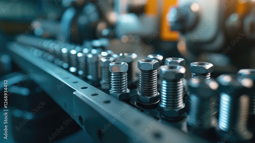 Naklejka premium Close-up of metallic threaded fasteners arranged in a precise order on a metal surface, industrial setting.