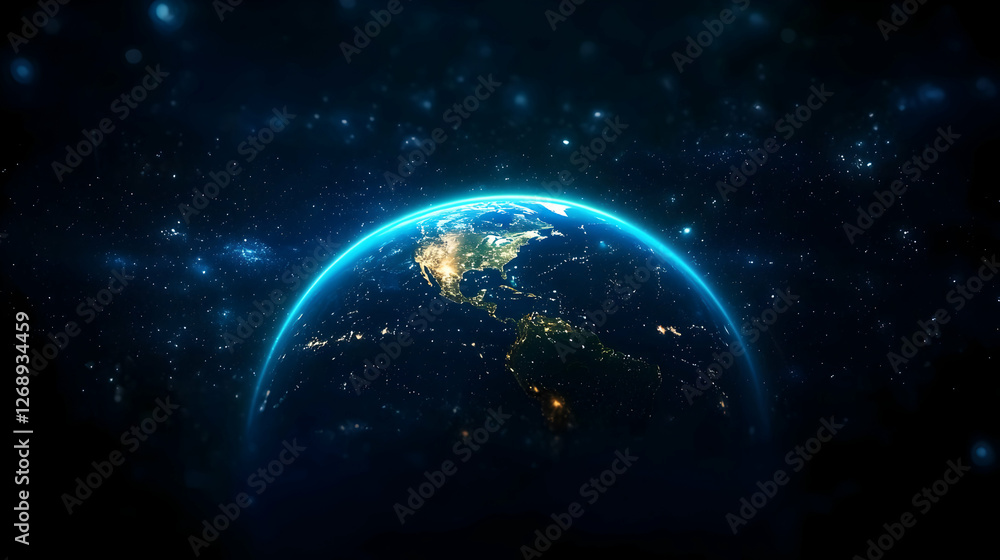 Fototapeta premium Blue Planet Earth With City Lights Against Starry Galaxy Space Background
