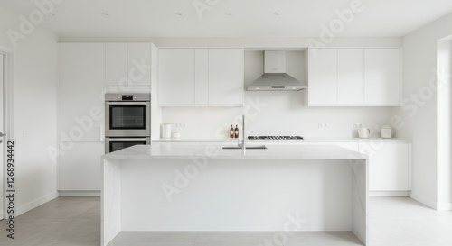 Wallpaper Mural A bright and minimalist modern kitchen with all white cabinetry clean lines and a spacious island. Natural light streams through large windows, enhancing the sleek, contemporary design. Torontodigital.ca