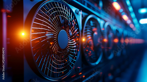 Blue Server Hardware Array with Cooling Fans in Dimly Lit Data Center