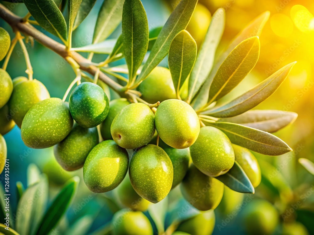 Fresh Green Olives on Branch, Vibrant Lime Background - Drone Aerial View Fresh Green Olives on Branch, Vibrant Lime Background - Drone Aerial View