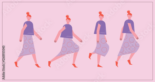 Flat style walking character for animation. Key poses for walking cycle animation side view. Separable body parts. Simple colorful minimalistic design for advertisement, business, corporate identity.