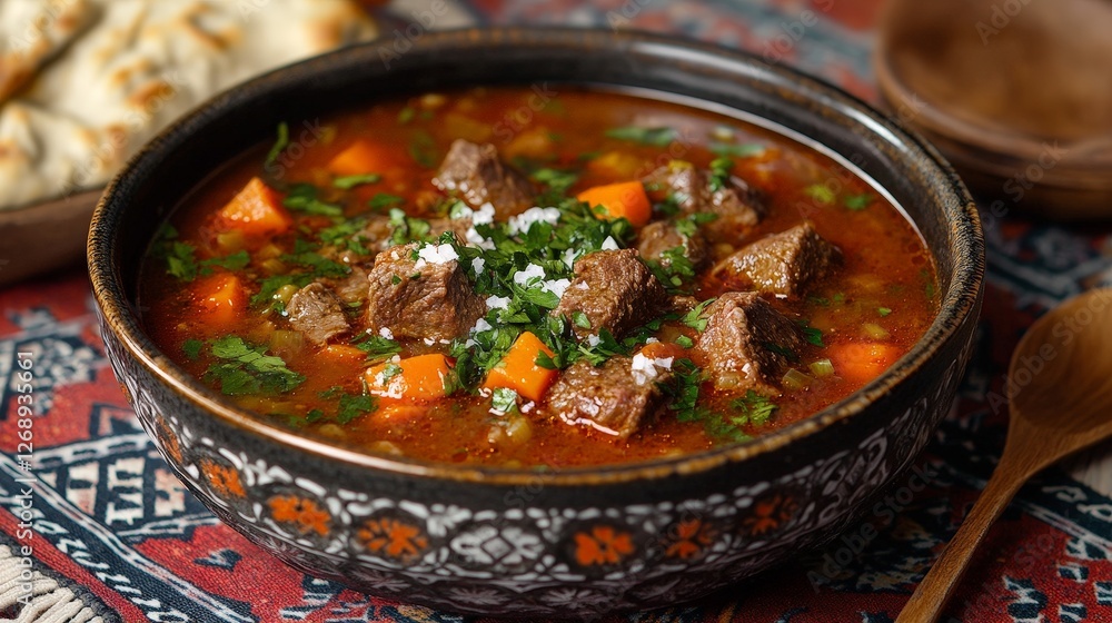 A hearty bowl of beef stew with carrots and herbs, served with bread. A hearty bowl of beef stew with carrots and herbs, served with bread.