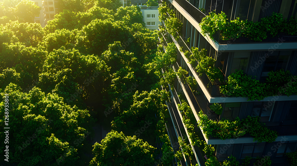 Cityscape Harmony Lush Greenery Adorns Modern Building Facade Under Golden Sunlight Cityscape Harmony Lush Greenery Adorns Modern Building Facade Under Golden Sunlight