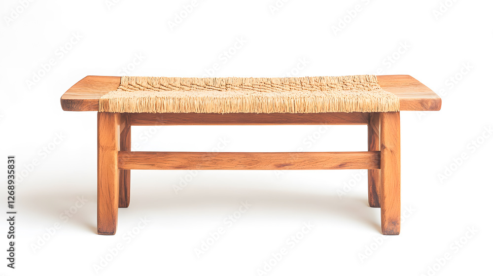 Wooden bench with natural woven seat on white background Wooden bench with natural woven seat on white background