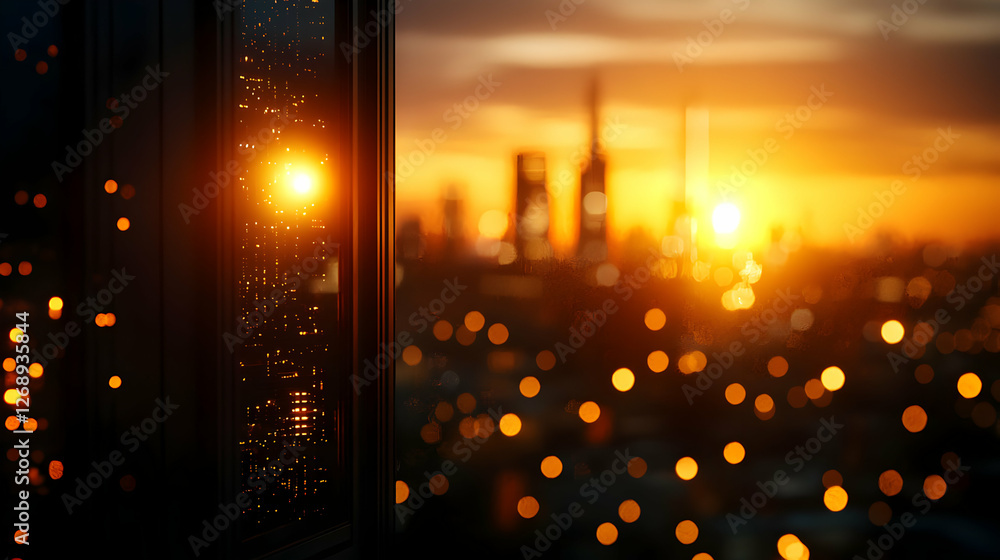 Obraz premium Cityscape Silhouette at Warm Sunset from Inside Building with Reflected Lights