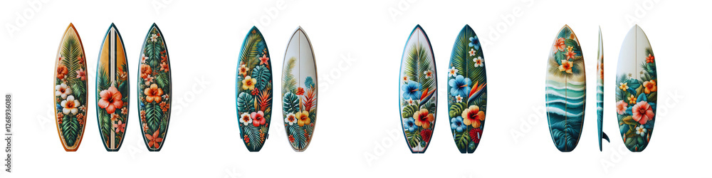 Set of surfboards with different tropical flower designs, isolated over on transparent white background Set of surfboards with different tropical flower designs, isolated over on transparent white background