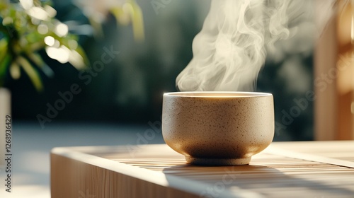 An anime-style traditional Japanese teahouse scene with a steaming cup of hojicha photo