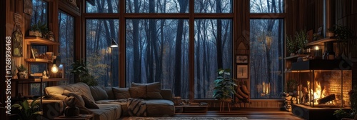 Cozy Cabin Living Room with Forest View