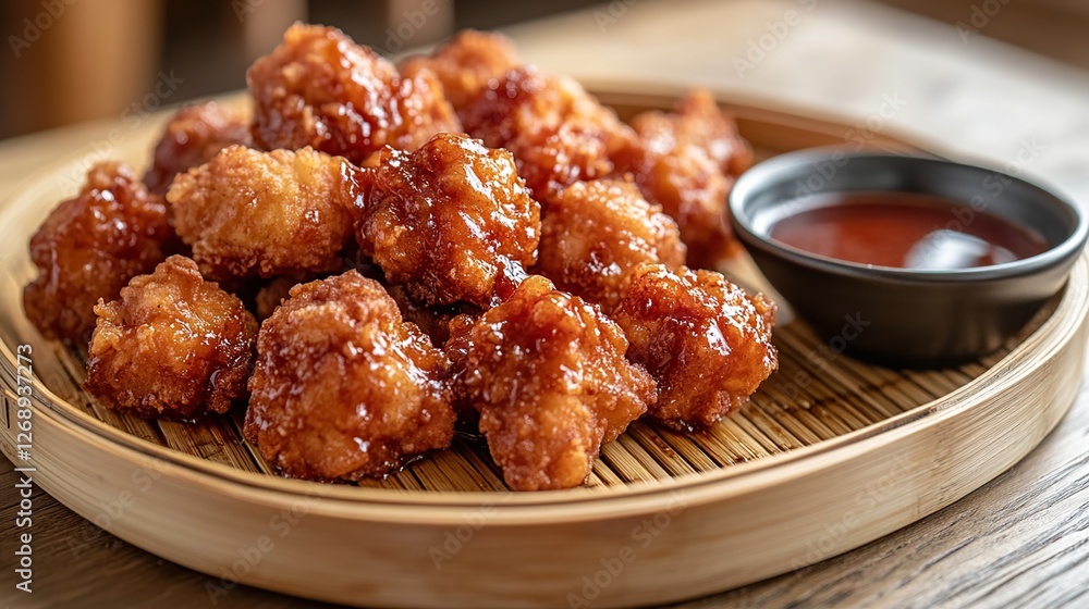 General Chicken, crispy and flavorful, served on a bamboo plate with a side of homemade sweet and sour sauce for extra dipping General Chicken, crispy and flavorful, served on a bamboo plate with a side of homemade sweet and sour sauce for extra dipping
