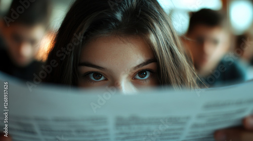 Young Girl Intently Reading Newspaper with Focused Expression Amid Busy Environment, Capturing the Essence of Curiosity and Engagement in Modern Life