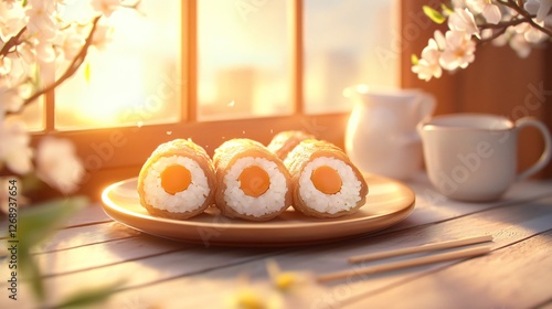 Wallpaper Mural Golden crispy egg rolls with vegetables and meat in a warm anime-style kitchen Torontodigital.ca