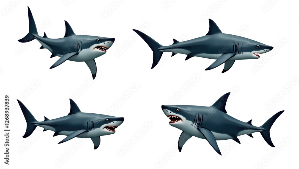 Obraz premium Four Great White Sharks Digital Illustration Ocean Predators Marine Wildlife Underwater Scene