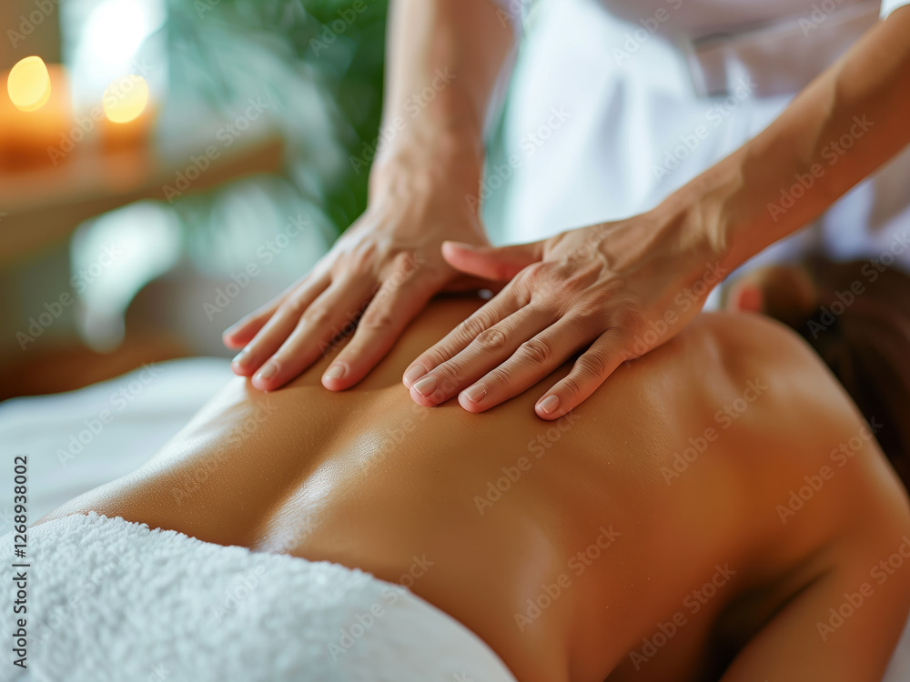 Close-up of the hands of a male masseuse, giving massage to woman's back, copy space on wellness spa background Close-up of the hands of a male masseuse, giving massage to woman's back, copy space on wellness spa background