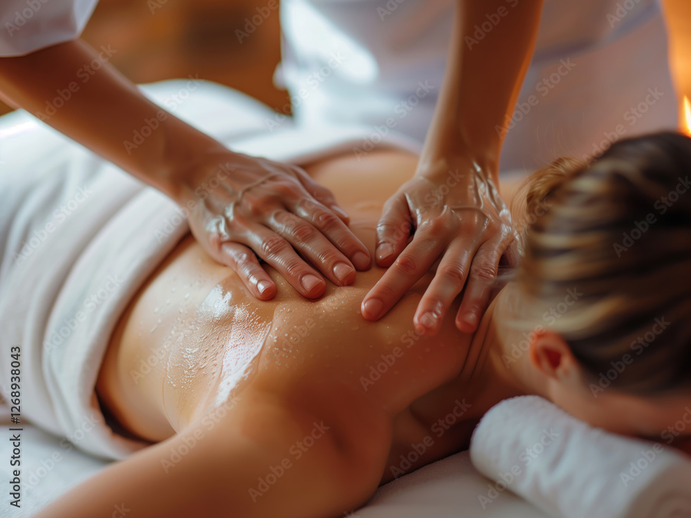 Closeup of the hands of a masseuse, giving massage to female shoulder and neck in wellness spa Closeup of the hands of a masseuse, giving massage to female shoulder and neck in wellness spa