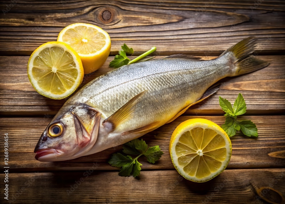 Fresh Yellow Croaker Fish with Lemon on Rustic Wooden Table - Seafood Stock Photo Fresh Yellow Croaker Fish with Lemon on Rustic Wooden Table - Seafood Stock Photo