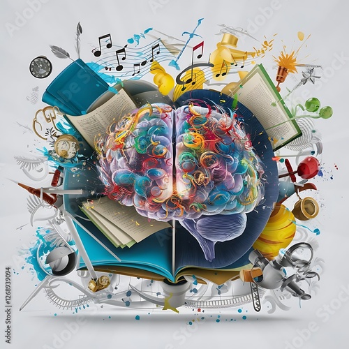 Create a vibrant digital illustration of a human brain exploding with creativity 