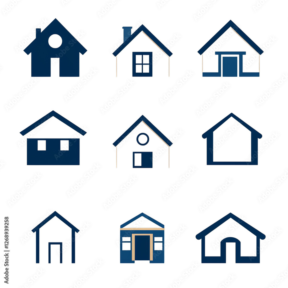 Set of nine minimalist blue house icons on black background Set of nine minimalist blue house icons on black background