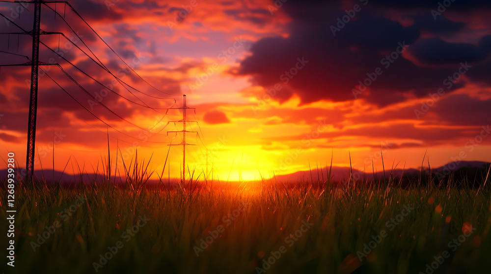 Fototapeta premium Dramatic Sunset Over a Grassy Field with Power Lines in Scenic Landscape