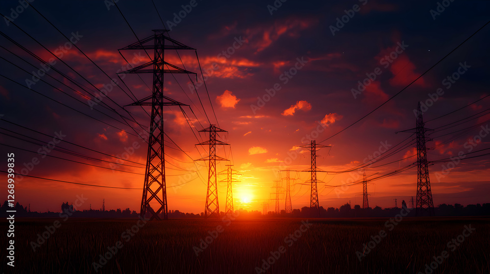 Fototapeta premium Dramatic Sunset with Silhouetted Power Lines and Towers in Rural Landscape