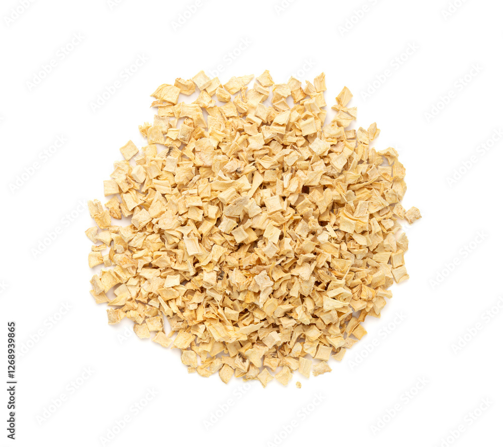 Dry parsley root, dried diced celery cubes, scattered small liquorice pileces, dry vegetable Dry parsley root, dried diced celery cubes, scattered small liquorice pileces, dry vegetable