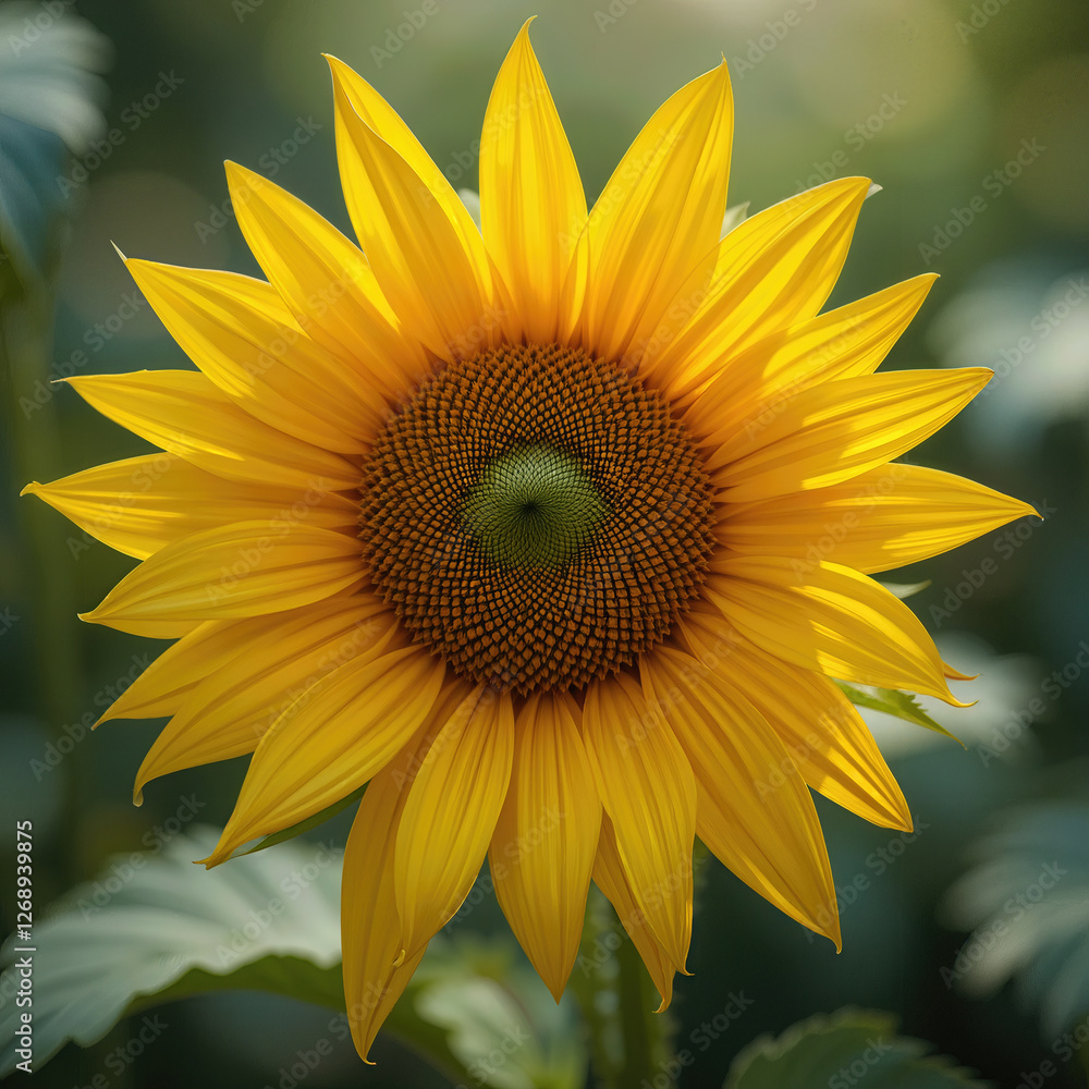 Fototapeta premium Sunflower blooming, yellow petal, close up view of center core of flower with blurred garden environment in peaceful and calm morning