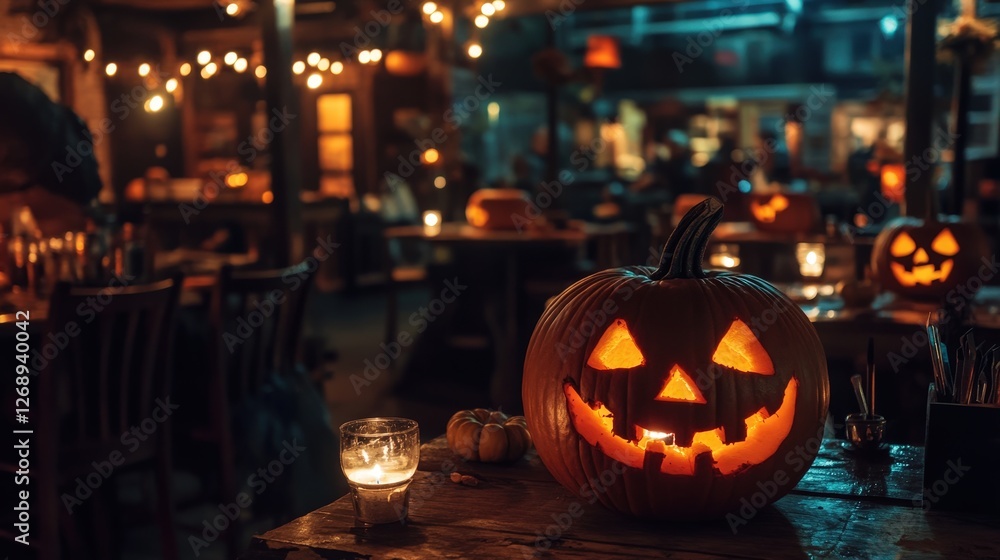A mysterious pumpkin carving contest in a dimly lit room with tables filled with tools, pumpkins, and lit candles. A mysterious pumpkin carving contest in a dimly lit room with tables filled with tools, pumpkins, and lit candles.