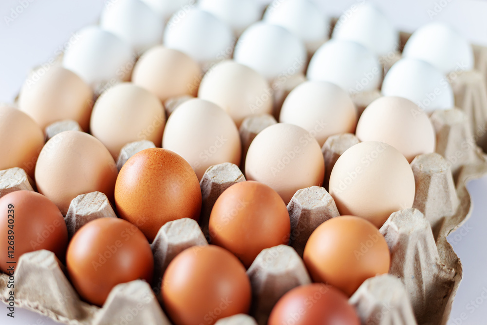 Fresh chicken eggs arranged in order from lightest to darkest in a cardboard tray on a white background. Fresh chicken eggs arranged in order from lightest to darkest in a cardboard tray on a white background.