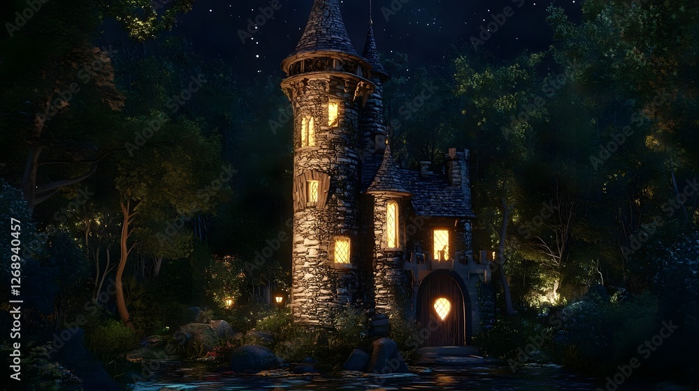 Fototapeta premium Enchanted stone tower illuminated at night, surrounded by lush forest and sparkling stars above