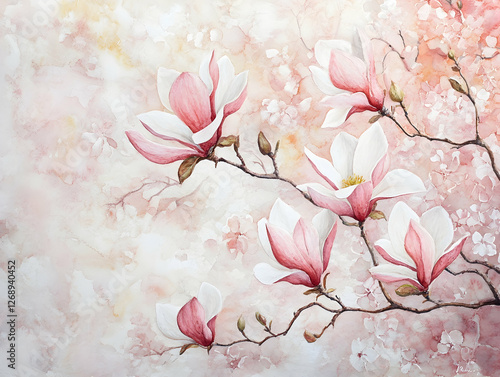 A watercolor painting of blooming magnolia branches on a light pink and white background