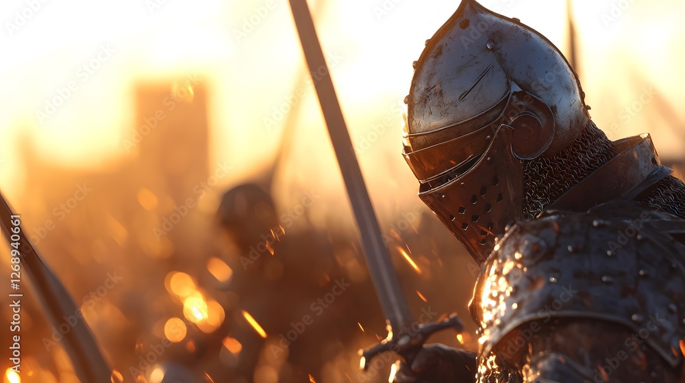 Dramatic battle scene with armored knights in a fiery sunset setting Dramatic battle scene with armored knights in a fiery sunset setting