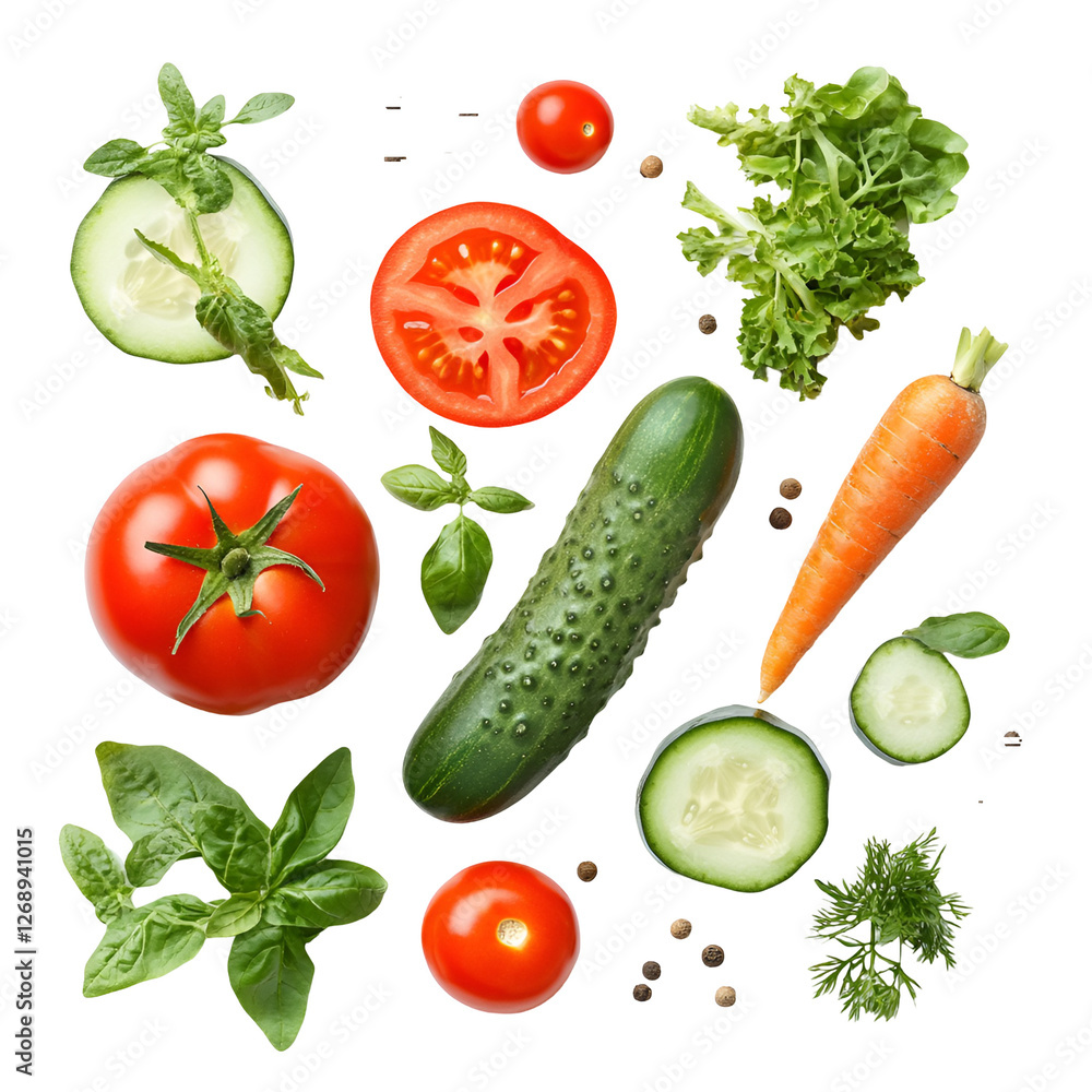 Fresh Vegetables Tomatoes, Cucumbers, Basil, Carrot, and Herbs Fresh Vegetables Tomatoes, Cucumbers, Basil, Carrot, and Herbs