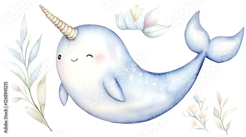 Cute chibi narwhal with a tiny horn, soft watercolor blue tones, and a happy expression, floating on a white background