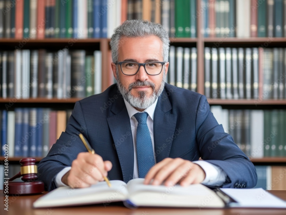 Experienced professional at desk in front of bookshelves, writing in an open book Experienced professional at desk in front of bookshelves, writing in an open book